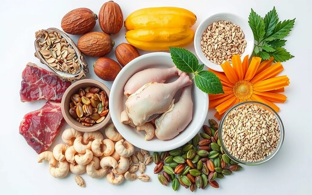 Różnorodność produktów bogatych w cynk i selen, takich jak mięso, orzechy, nasiona i owoce morza