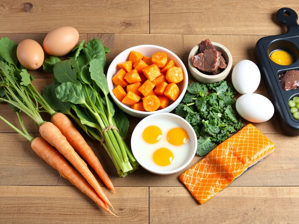 Różnorodność produktów bogatych w witaminę A: marchew, bataty, szpinak, wątroba, jaja