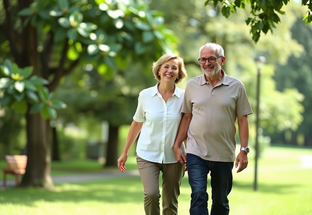 Uśmiechnięta starsza para spacerująca po parku, symbolizująca zdrowie i aktywność seniorów.